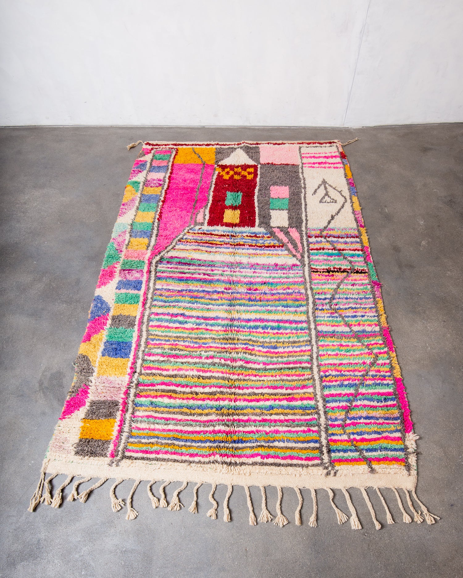 Modern, designer, handcrafted Berber rug from Morocco. Vintage carpet with beautiful colours and patterns and fluffy texture.